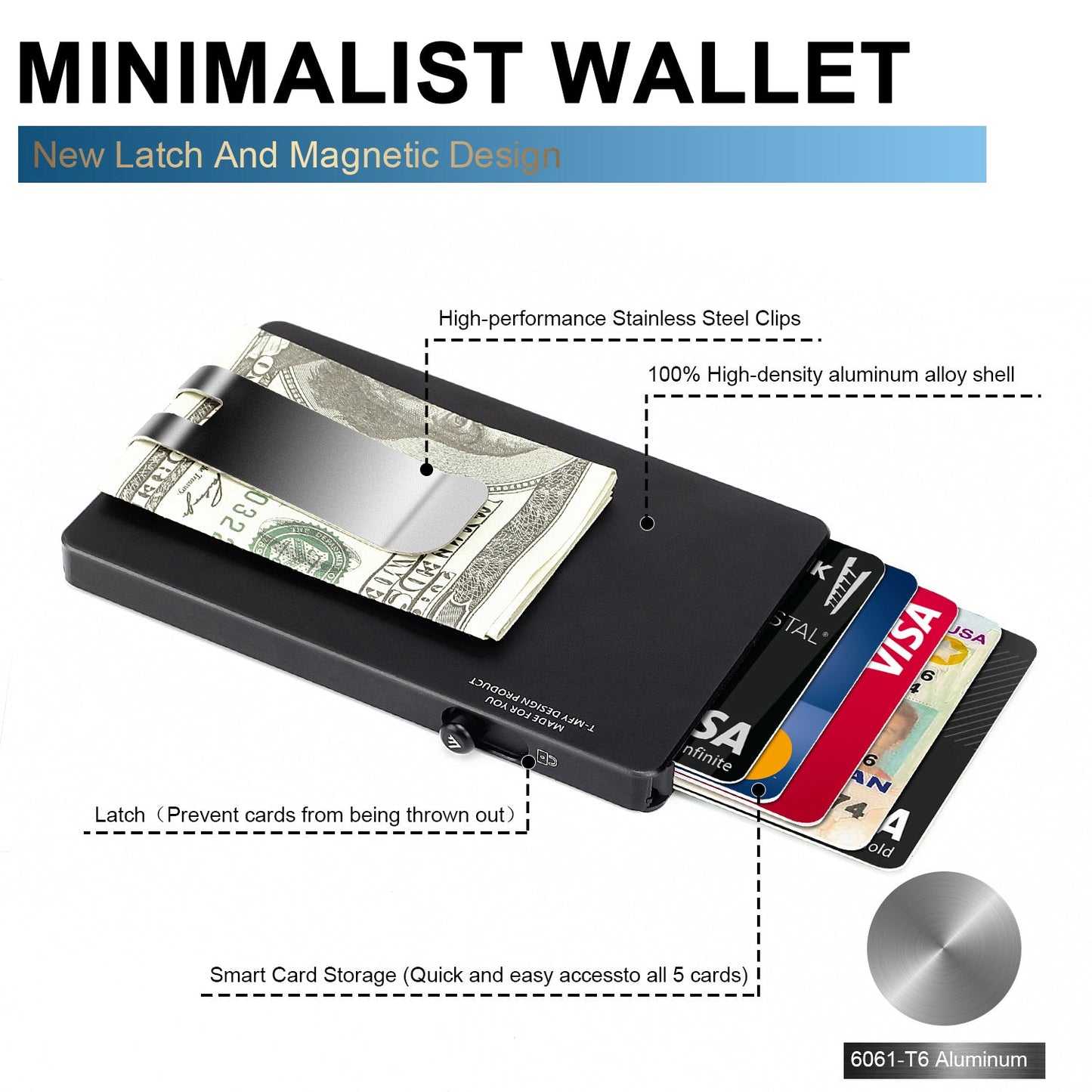Minimalist Pop up Wallet with Money Clip, All Aluminum Slide Rfid Slim Card Holder
